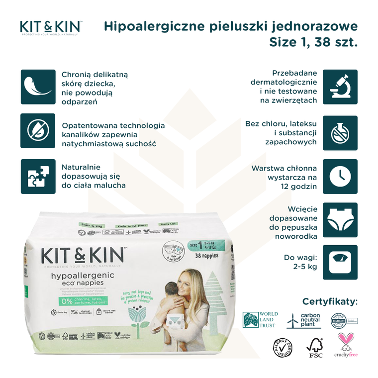 Kit and Kin, biodegradowalne pieluszki jednorazowe, rozmiar 1, Mini, 2-5 kg, owieczka i sówka, 40 szt.