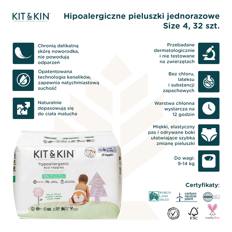 Kit and Kin, biodegradowalne pieluszki jednorazowe, rozmiar 4, Maxi Plus, 9-14 kg, lisek i tygrysek, 32 szt.