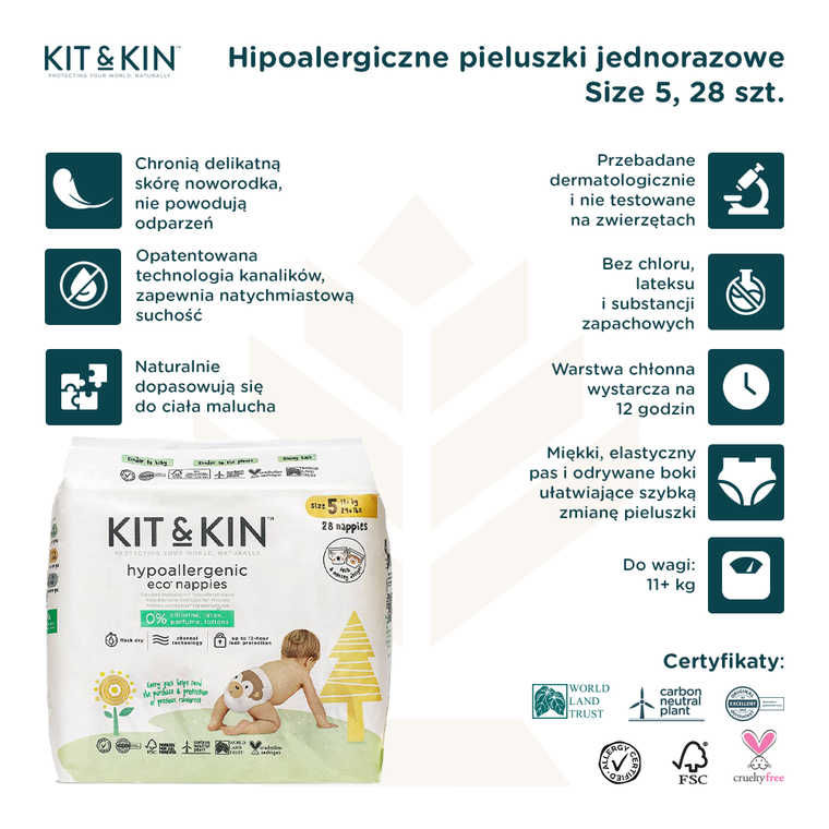 Kit and Kin, biodegradowalne pieluszki jednorazowe, rozmiar 5, Junior, 11 kg+, koala i małpka, 28 szt.