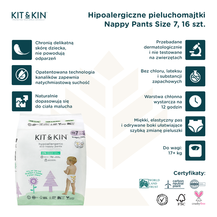 Kit and Kin, Nappy Pants, pieluchomajtki, rozmiar 7, 17 kg+, żyrafa i leniwiec, 16 szt.