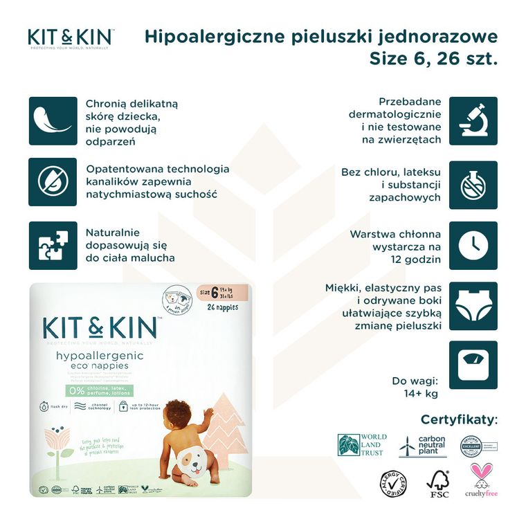 Kit and Kin, pieluszki jednorazowe, rozmiar 6, 15 kg+, pies i pingwin, 24 szt.