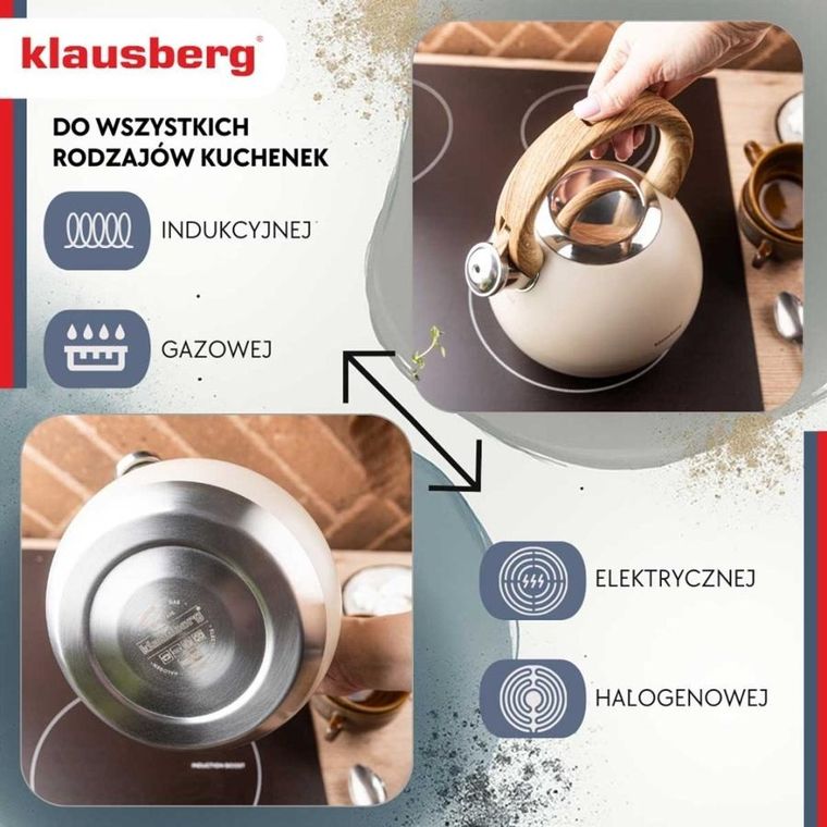 Klausberg, czajnik stalowy z gwizdkiem, beżowy mat, 3l, kb-7956