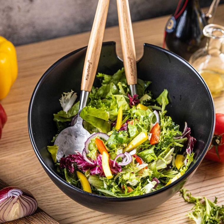 Klausberg, porcelanowa misa do sałat z przyborami, czarna, kb-7786