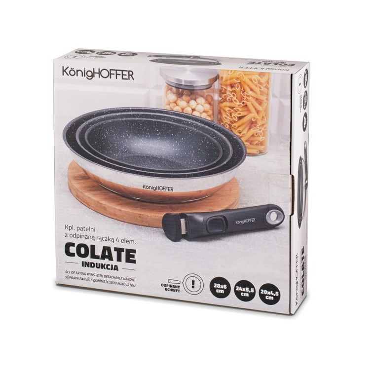 KönigHoffer, Colate, komplet patelni non-stick, odpinana rączka, marble, 20-4,5/24-5,5/28-6 cm