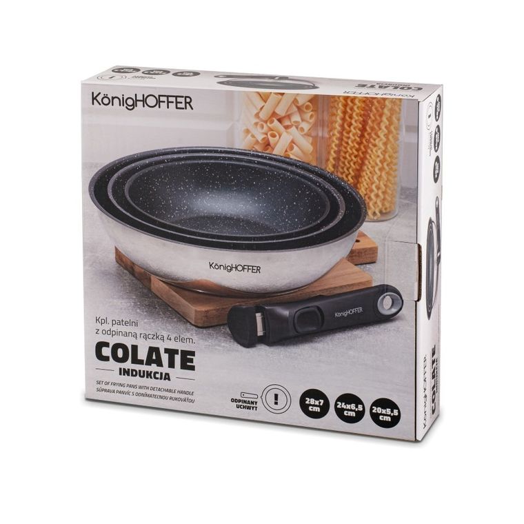 KönigHoffer, Colate, komplet patelni non-stick, odpinana rączka, marble, 20-5,5/24-6,5/28-7 cm