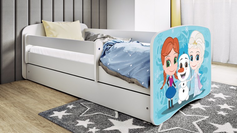 Kocot Kids, Babydreams, łóżko z szufladą i materacem, białe, zimowe księżniczki, 80-160 cm