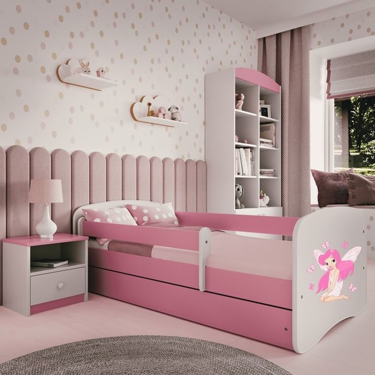 Kocot Kids, Babydreams, łóżko z szufladą i materacem, różowe, wróżka z motylkami, 70-140 cm