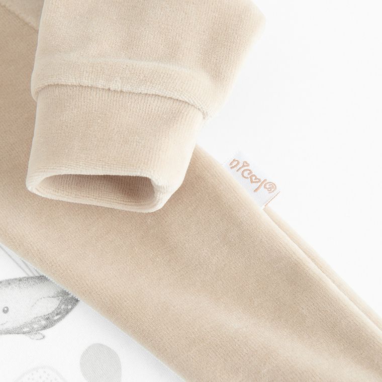 Kombinezon przejściowy chłopięcy z kapturem, welurowy, beżowy, Nicol