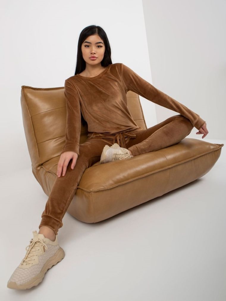 Komplet damski, Bluza, Spodnie, welurowy, beżowy, Rue Paris