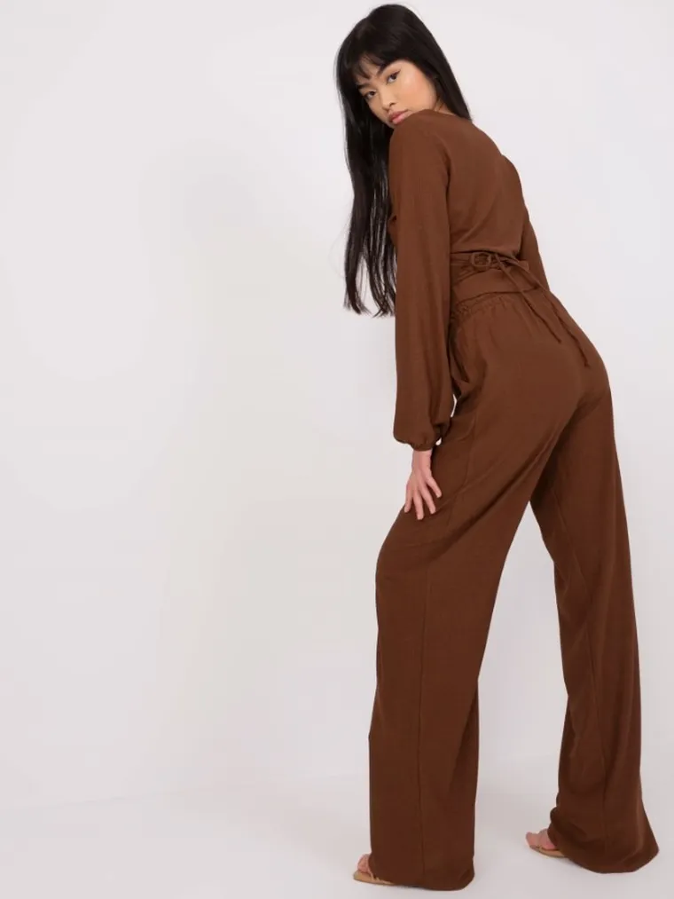 Komplet damski, Bluzka z długim rękawem, Spodnie materiałowe, brązowy, Lakerta