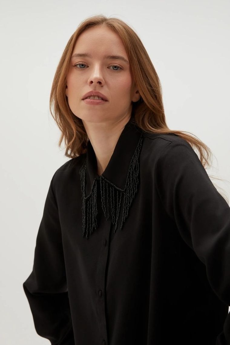 Koszula damska z długim rękawem, czarna, Moodo