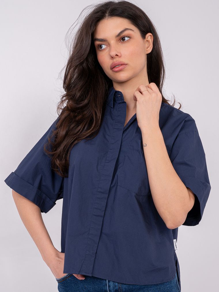 Koszula damska z krótkim rękawem, oversize, granatowa, Sublevel