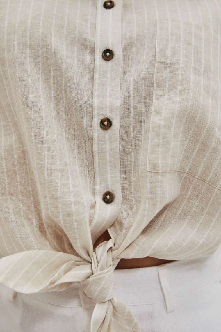 Koszula damska z krótkim rękawem, z lnem, beżowa, Moodo