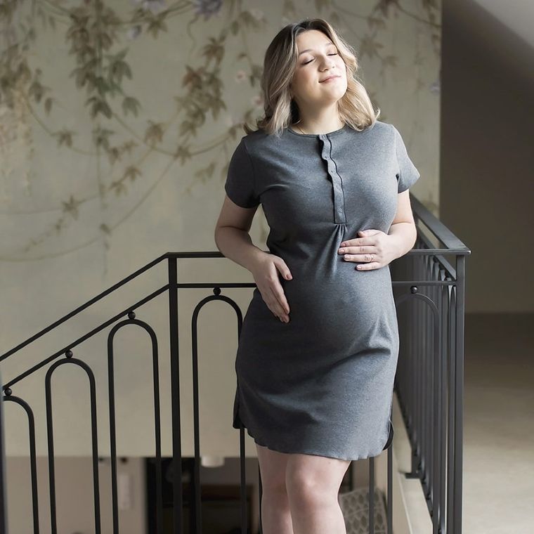 Koszula nocna damska z krótkim rękawem, ciążowa, szara, Eevi