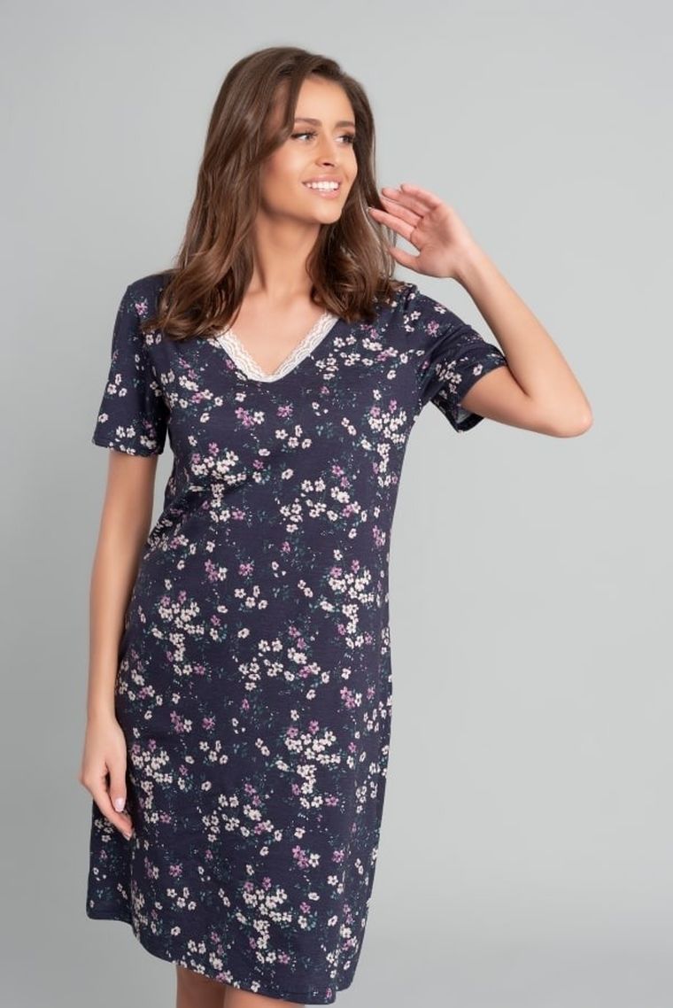 Koszula nocna damska z krótkim rękawem, granatowa, Evita, Italian Fashion
