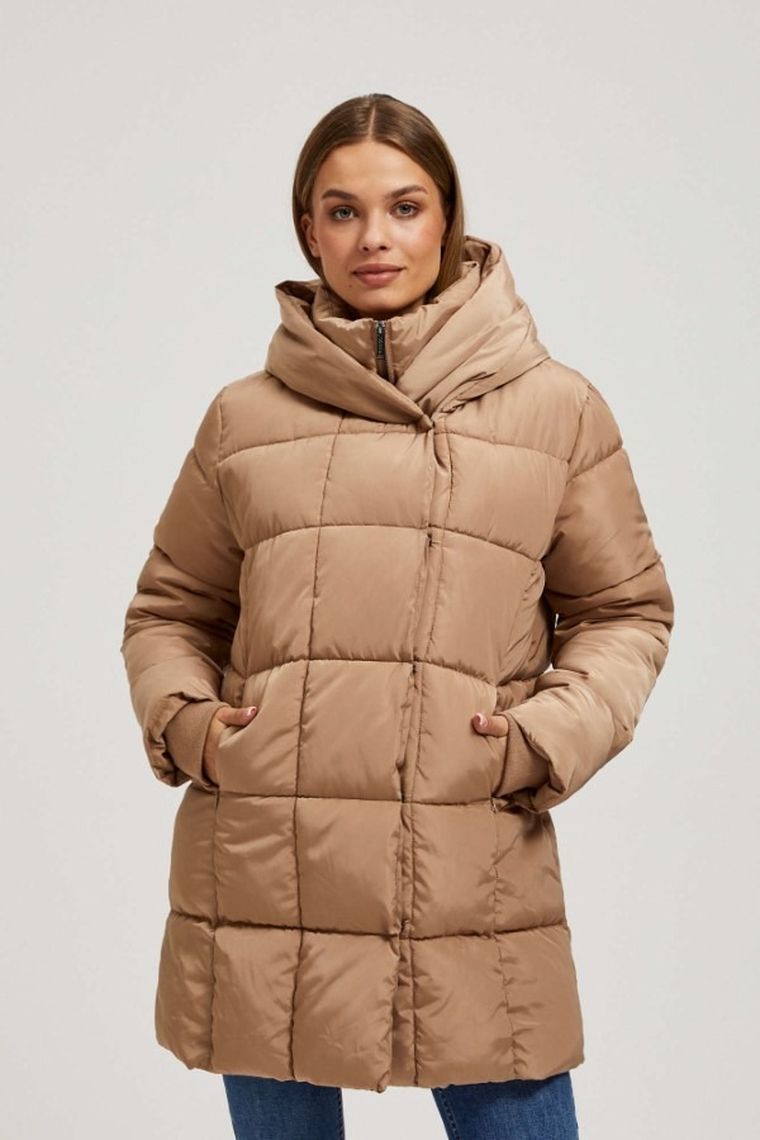 Kurtka damska z kapturem, beżowa, Moodo