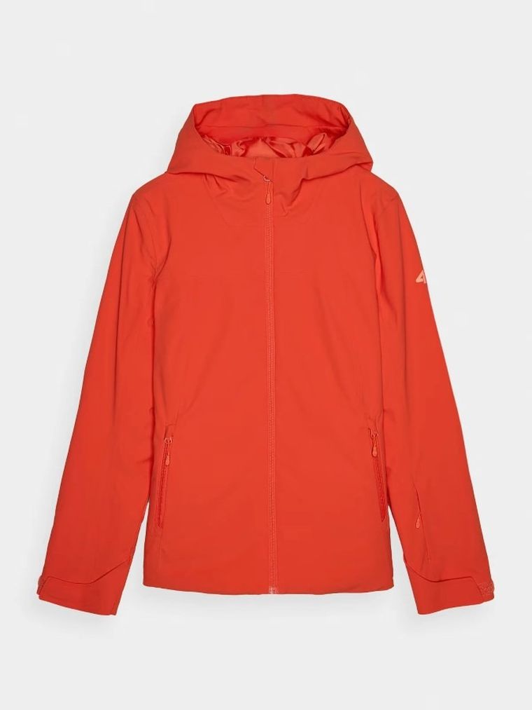 Kurtka narciarska damska z kapturem, ocieplana, czerwona, 4F