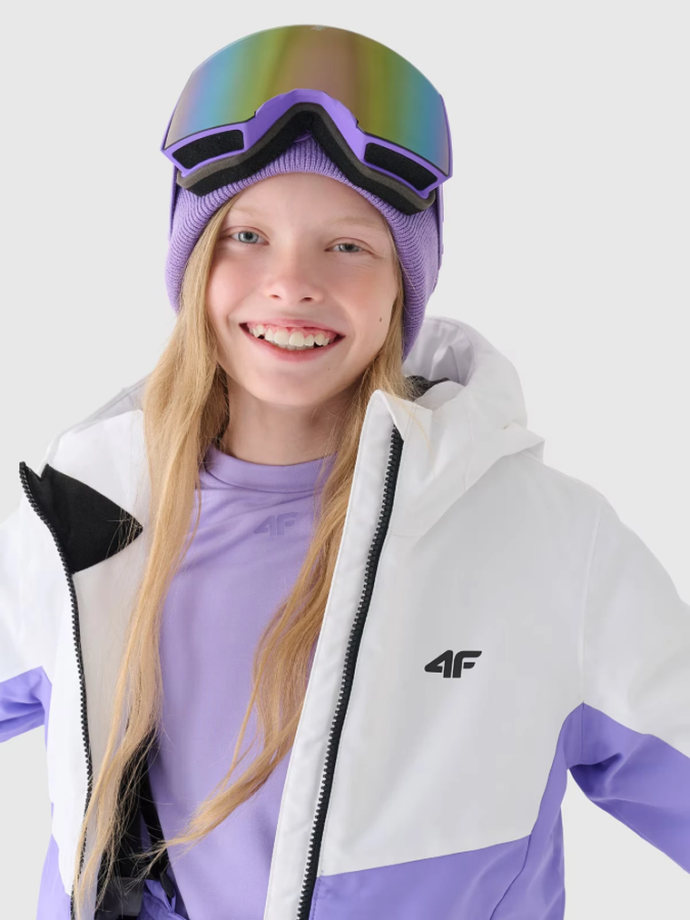 Kurtka narciarska dziewczęca z kapturem, ocieplana, fioletowa, 4F
