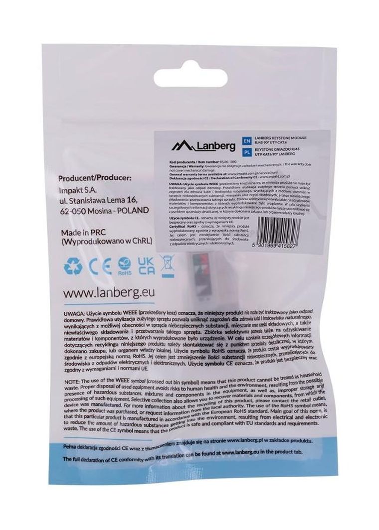 Lanberg, moduł keystone do puszki montażowej, KSU6-1090, kat. 6