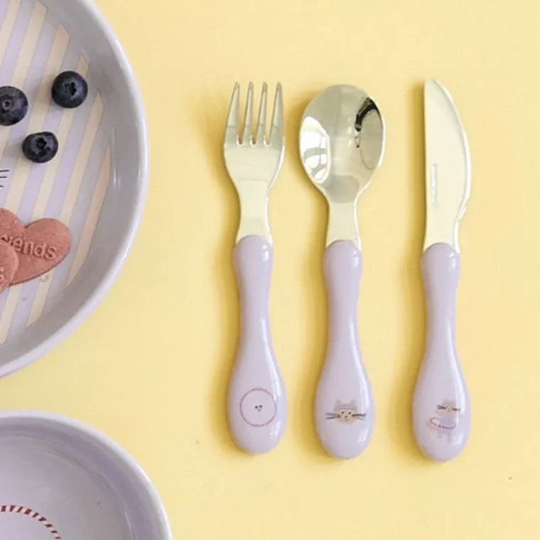 Lassig, Tiny Team, zestaw sztućców ze stali nierdzewnej, kotek, 3 szt.