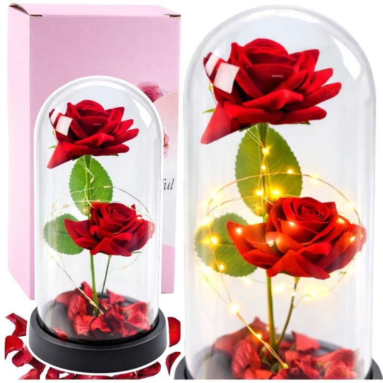 Lean Toys, 2 wieczne róże w kopule, z oświetleniem LED