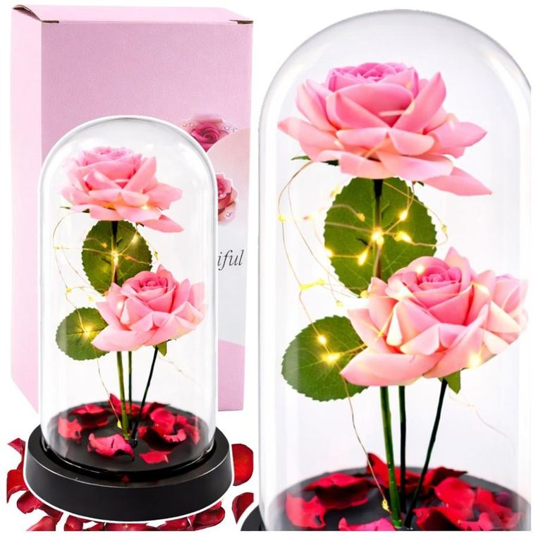 Lean Toys, 2 wieczne róże w kopule, z oświetleniem LED