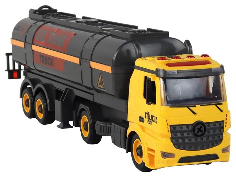 Lean Toys, ciężarówka cysterna, interaktywny pojazd do skręcania, żółty
