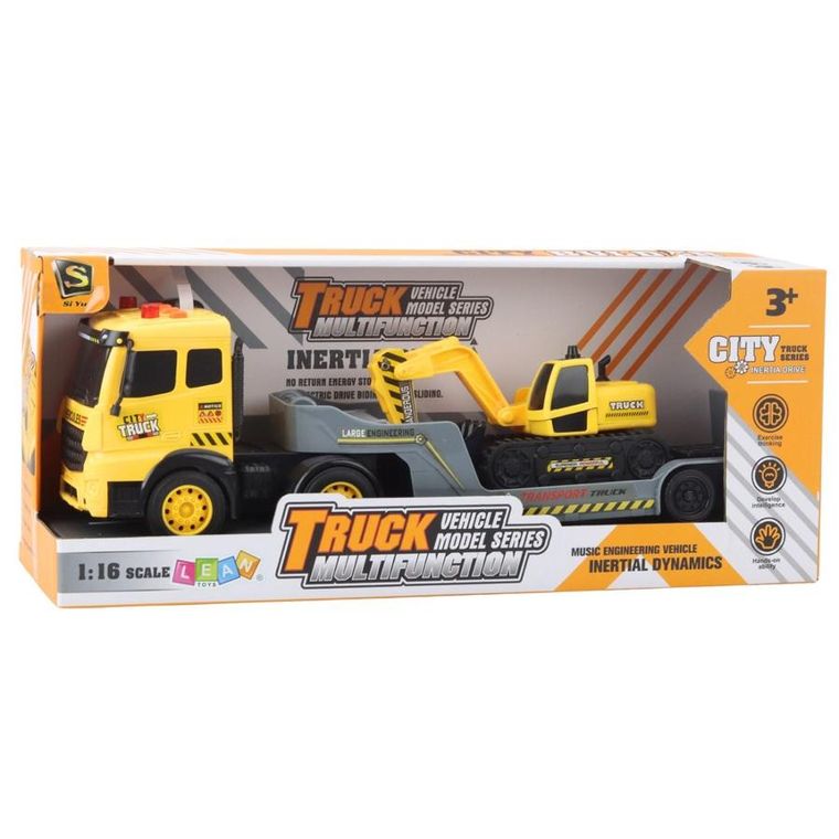 Lean Toys, ciężarówka z lawetą i koparką, obrotowa 360°, żółta, 1:16