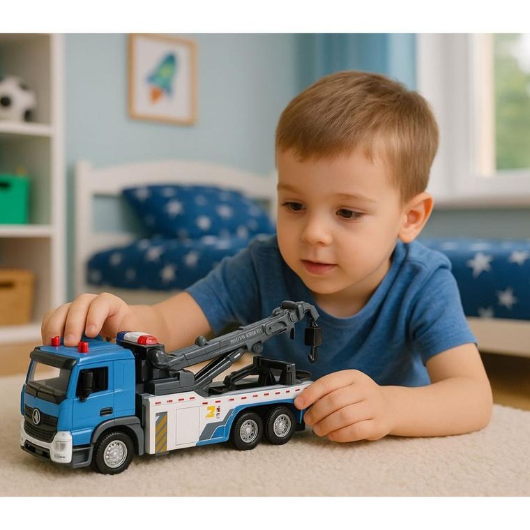 Lean Toys, ciężarówka z wysięgnikiem, metalowa kabina, interaktywny pojazd budowlany