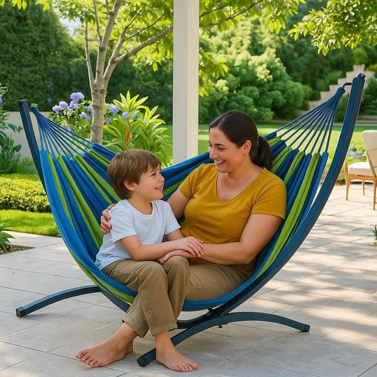 Lean Toys, hamak ogrodowy ze stelażem, dwuosobowy, zielono-niebieski, 200-120 cm