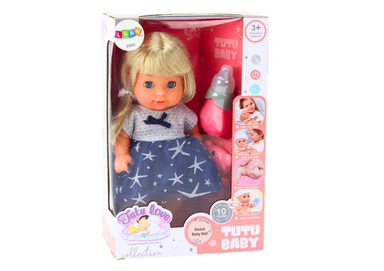 Lean Toys, interaktywna lalka bobas z akcesoriami, siusiająca, granatowa sukienka, 28 cm