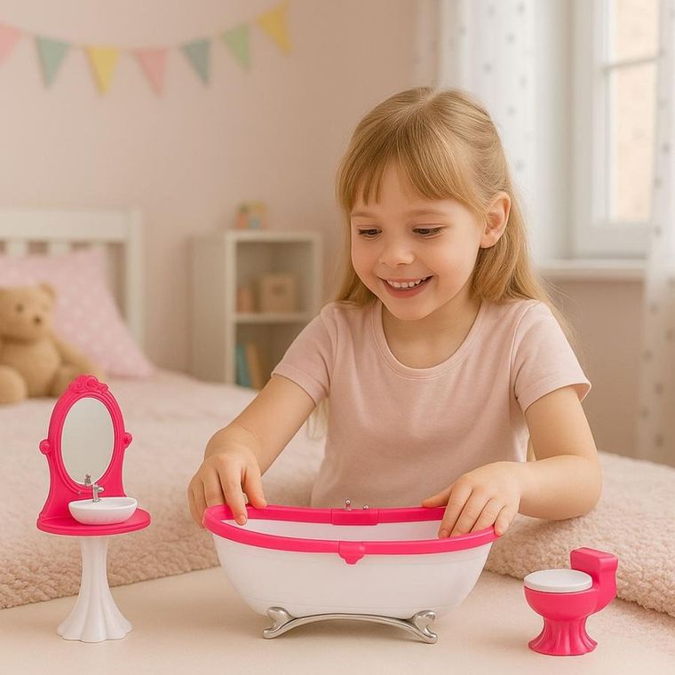 Lean Toys, łazienka z wanną dla lalek, różowa