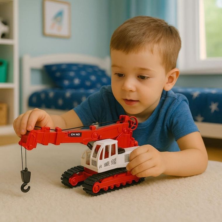 Lean Toys, metalowy dźwig gąsienicowy, interaktywny pojazd budowlany