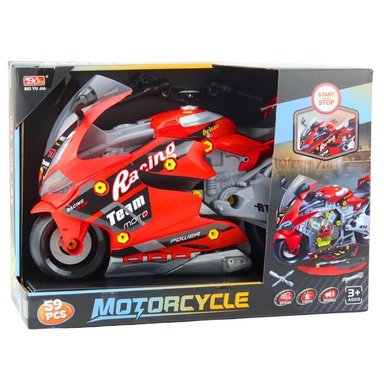 Lean Toys, motocykl do rozkręcania, warsztat, interaktywny, czerwony
