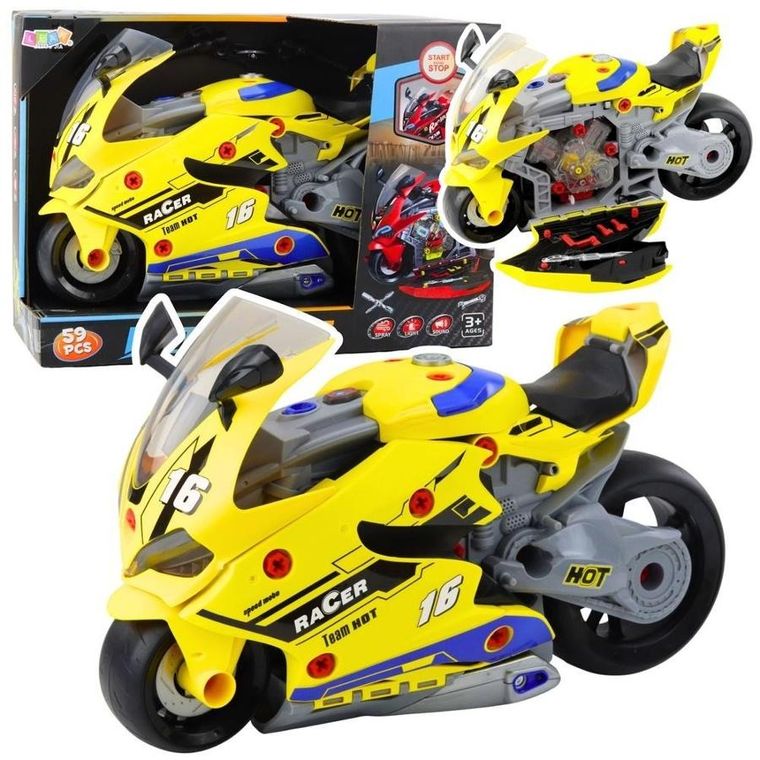 Lean Toys, motocykl do rozkręcania, warsztat, interaktywny, żółty