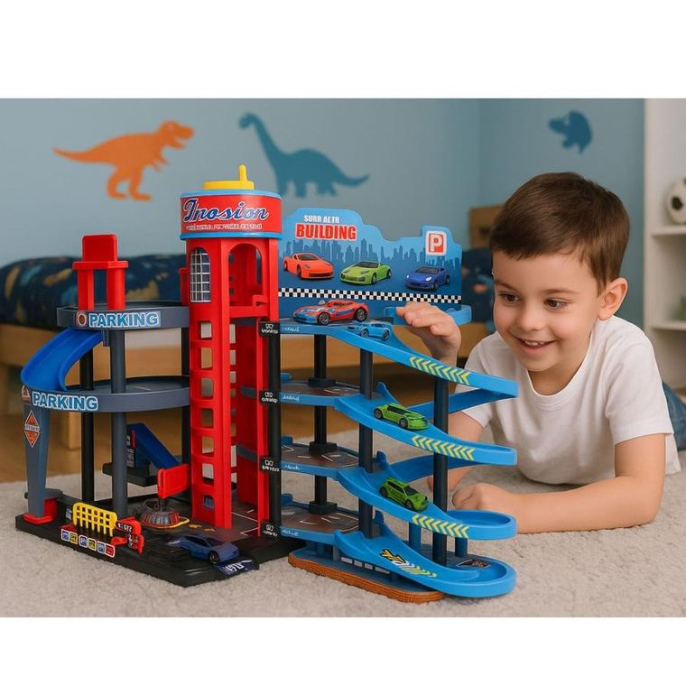 Lean Toys, parking 4 poziomowy ze zjeżdżalnią i pojazdami, resoraki, 8 szt.