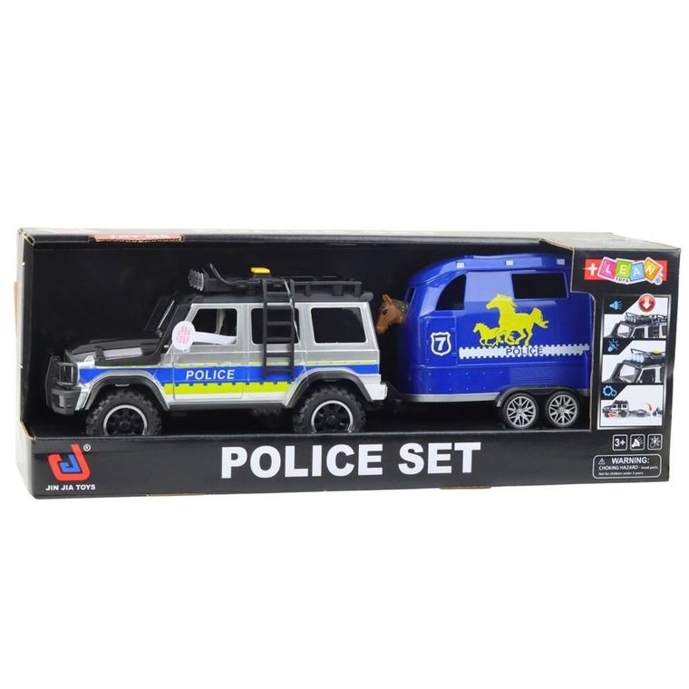 Lean Toys, samochód policyjny z przyczepą do przewozu koni, pojazd interaktywny