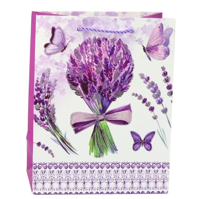 Lean Toys, torba prezentowa papierowa lawenda brokatowe elementy, 23-18-10,5 cm, 1 szt.