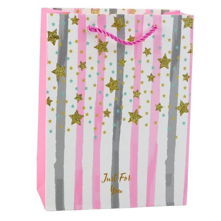 Lean Toys, torba prezentowa papierowa, niebieska, różowa brokat, 23-18-10,5 cm, 1 szt.