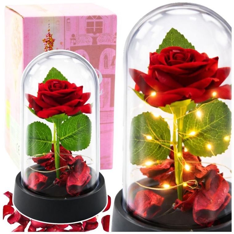 Lean Toys, wieczna róża w kopule, z oświetleniem LED, czerwona, 14-8 cm