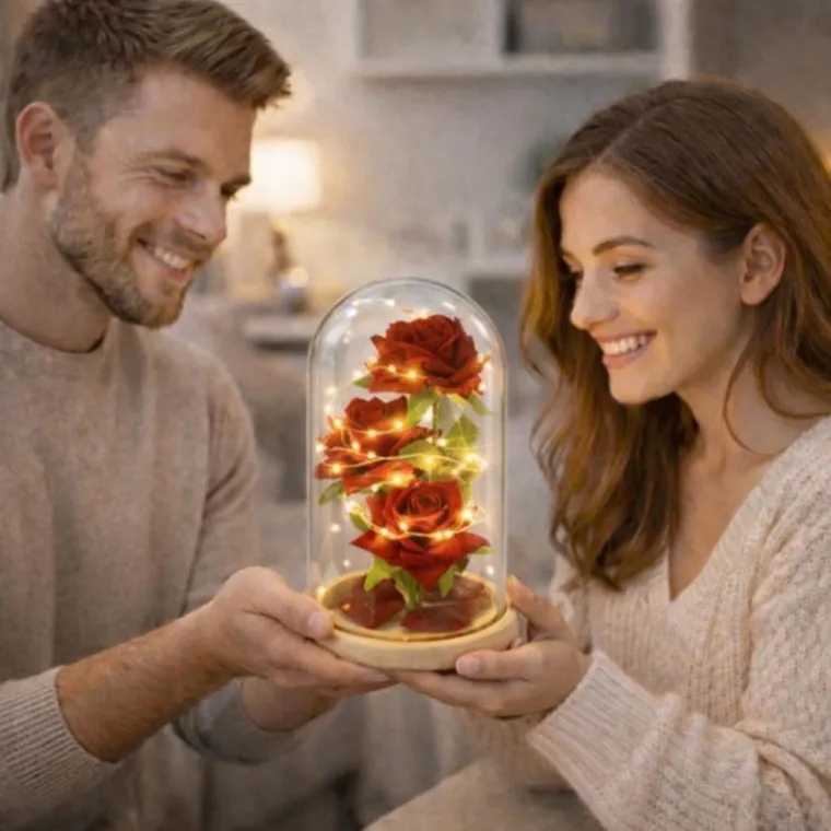 Lean Toys, wieczne róże w szklanej kopule LED, czerwone, 21,5-11 cm