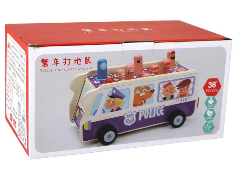 Lean Toys, zbijak, autobus policyjny, zabawka zręcznościowa, drewniana