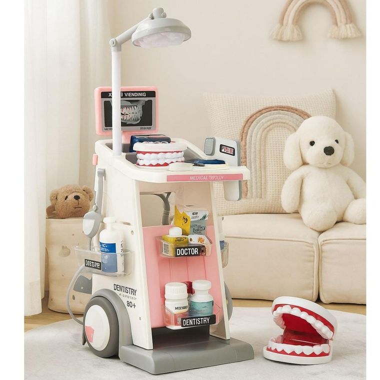 Lean Toys, zestaw lekarza dentysty z akcesoriami, interaktywny, różowy, 26 elementów