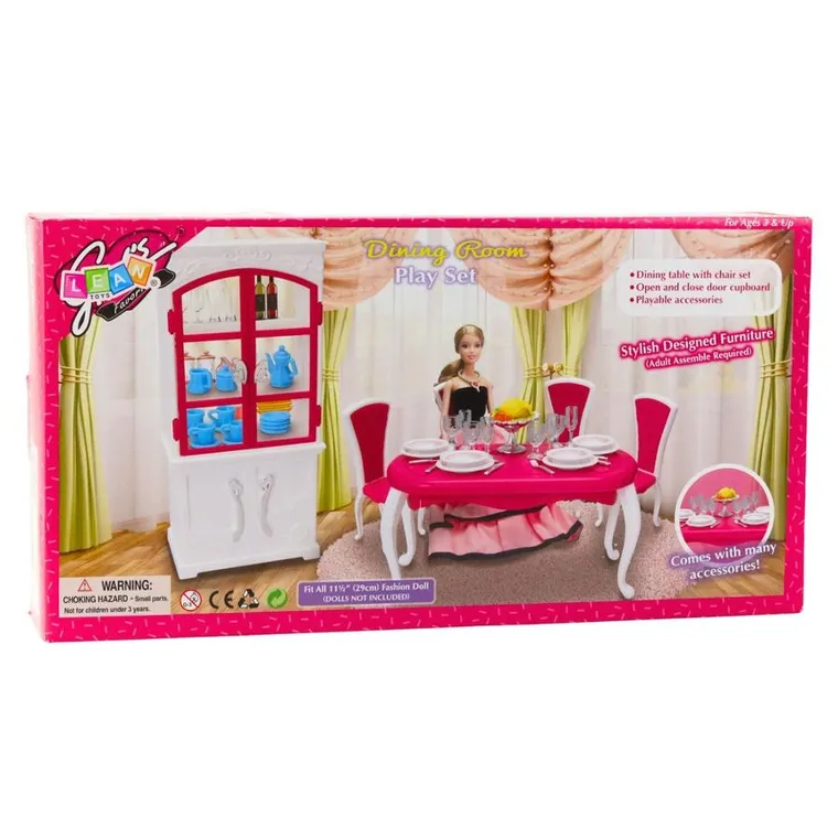 Leantoys, zestaw mebli dla lalek, jadalnia, stół z krzesłami i kredensem