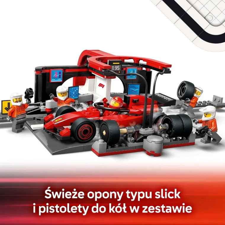 LEGO City, F1 Pit stop i mechanicy z bolidem Ferrari, 60443