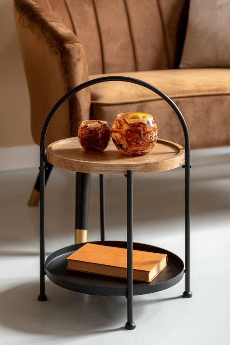 Leitmotiv, Tray, stolik kawowy okrągły z blatem, drewno mango, średnica 39-55 cm