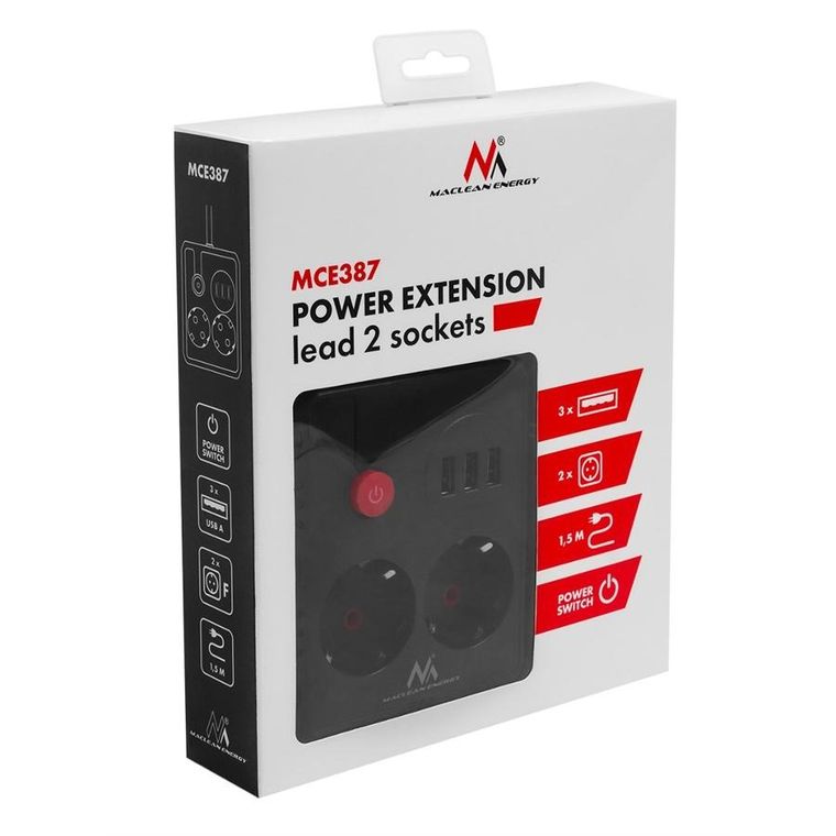 Maclean, listwa zasilająca, 2 gniazda, 3xUSB, 110-240V, AC 50/60HZ, 2.1A, 2500W, czarna, 1,5m, MCE387 B