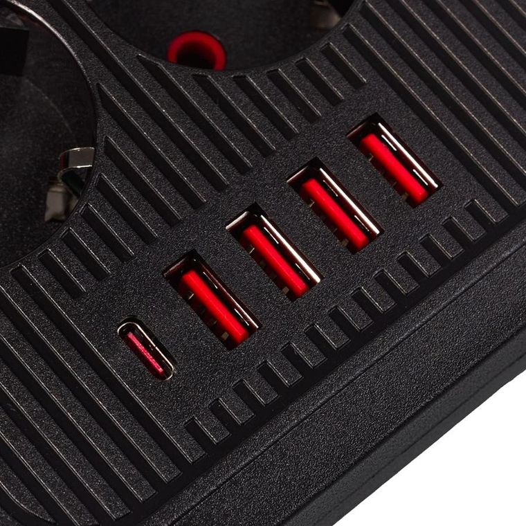 Maclean, listwa zasilająca, 6 gniazd, 4xUSB, 110-240V, AC 50/60HZ, 2.1A, 2500W, czarna, 1,5m, MCE389 B