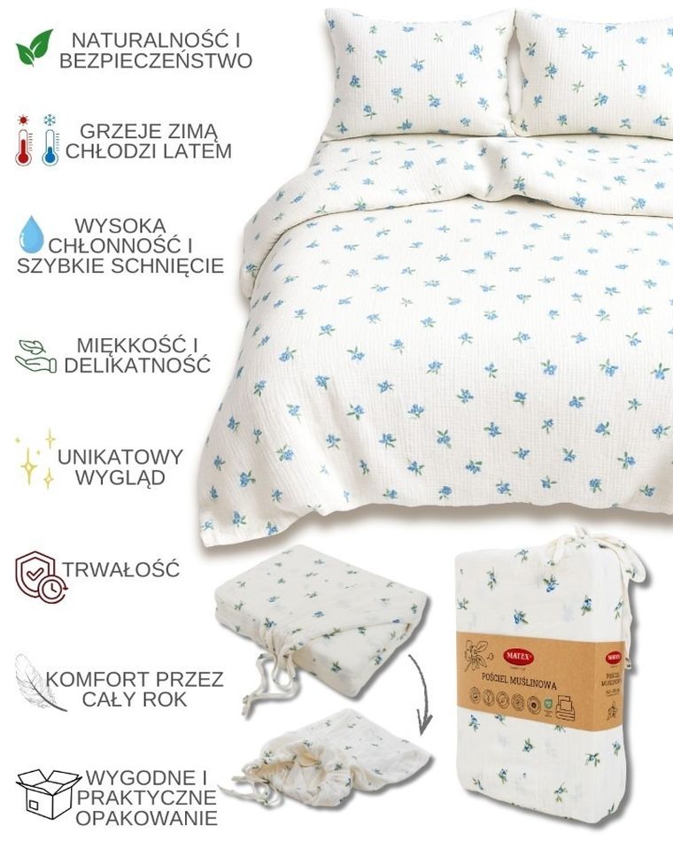 Matex, pościel bawełniana, muślinowa, 200-220 cm