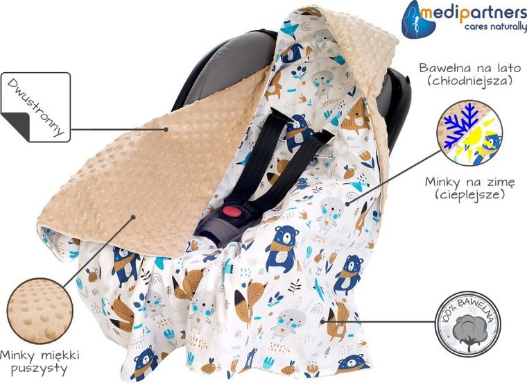 Medi Partners, Boho Animals, otulacz do nosidełka z kapturkiem, minky, beżowy, 85-85 cm